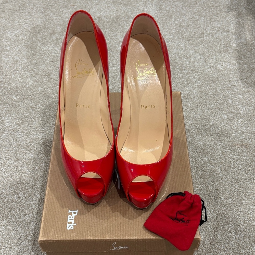 Christian Louboutin Vendome 120 Patent Peep Toe Heels - Rouge Lipstick Color